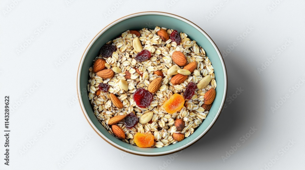 A bowl of mixed oats, nuts, and dried fruits, ideal for a healthy breakfast. A bowl of mixed oats, nuts, and dried fruits, ideal for a healthy breakfast.