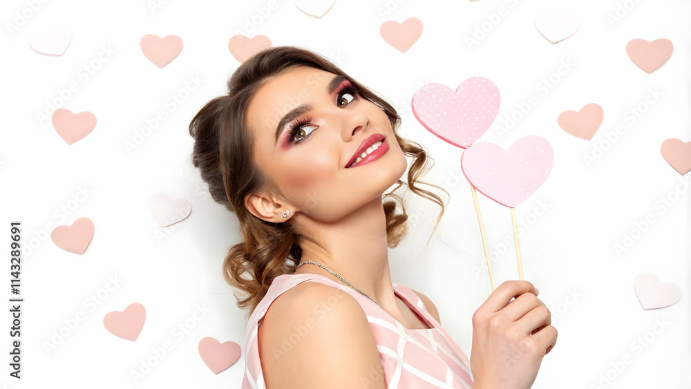 Valentine Themed Photoshoot with Pastel Props, Model's Slight Turn, Fluttering Lashes, and Empty Left Space for Framing Stories Valentine Themed Photoshoot with Pastel Props, Model's Slight Turn, Fluttering Lashes, and Empty Left Space for Framing Stories