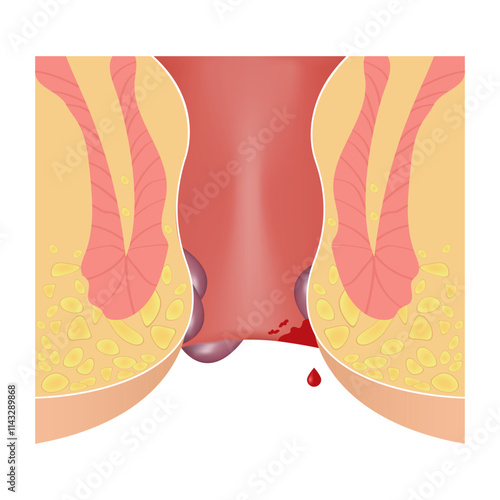 Diseases of the anus, hemorrhoids, warts, anorectal hemorrhoids. Illustration, cross-section, vector illustration