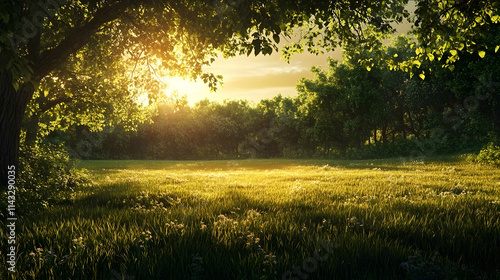 A quiet evening scene where the setting sun casts long shadows over a grassy field and the forest is alive with the sounds of nocturnal creatures beginning to stir photo