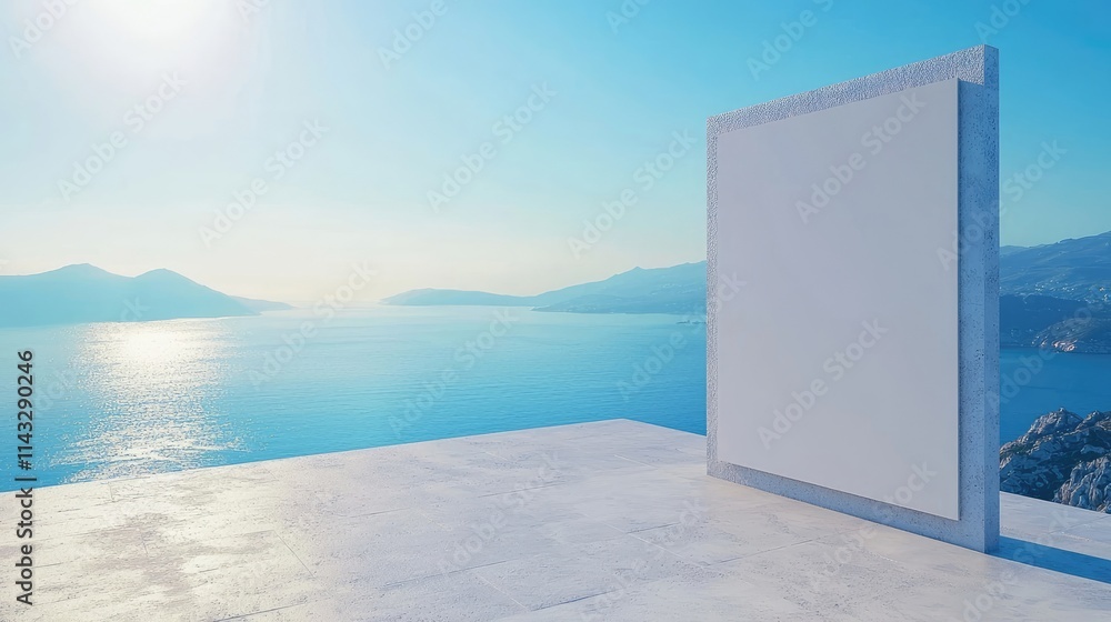 A minimalist scene featuring a blank canvas against a serene ocean backdrop. A minimalist scene featuring a blank canvas against a serene ocean backdrop.