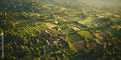 Aerial view of lush green fields and a small village surrounded by nature.