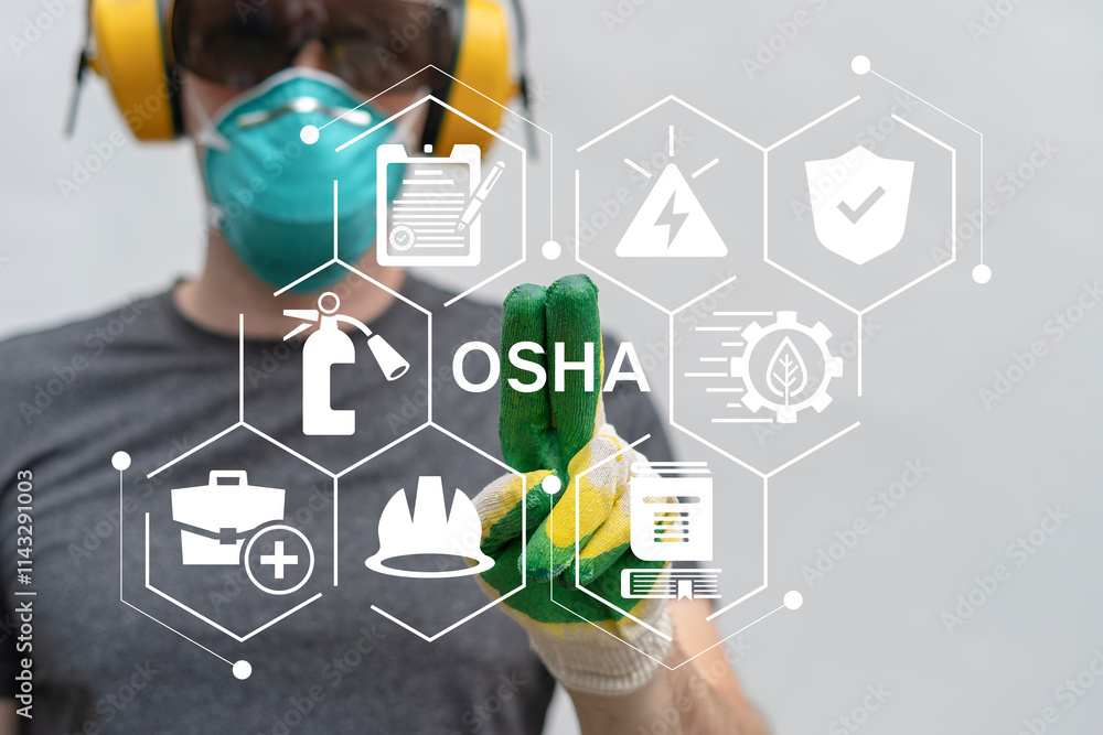 Industry engineer working on virtual touch screen push abbreviation: OSHA. OSHA Occupational Safety and Health Administration. OSHA checklist documents.