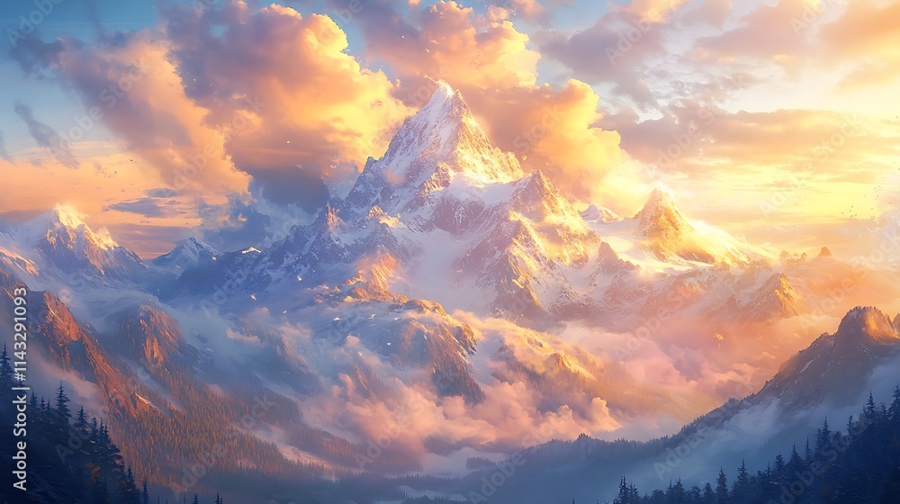 A panoramic view of snow-capped mountains and dense forests, glowing in golden hues as the sun sets, with soft clouds scattered across the vibrant sky A panoramic view of snow-capped mountains and dense forests, glowing in golden hues as the sun sets, with soft clouds scattered across the vibrant sky