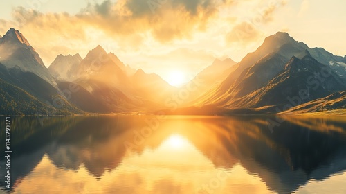 Fototapeta Naklejka Na Ścianę i Meble -  A serene mountain range bathed in golden light during the golden hour, with the sun sinking below the horizon, reflecting off a calm lake nestled between the peaks 