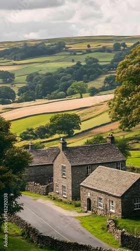 Scenic countryside with stone houses and rolling hills under a cloudy sky.
