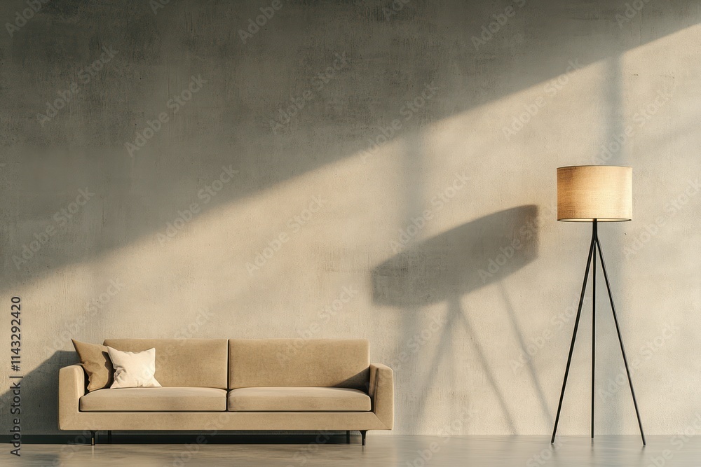 Minimalist Living Room with Beige Rustic Sofa and Floor Lamp Against Concrete Wall - Modern Home Interior Design with Copy Space Minimalist Living Room with Beige Rustic Sofa and Floor Lamp Against Concrete Wall - Modern Home Interior Design with Copy Space