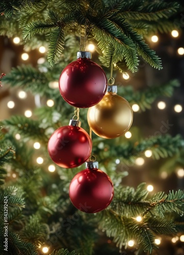 Shiny baubles hanging on a Christmas tree with blurry lights creating a magical atmosphere, festive ambiance, festive decorations, colorful ornaments