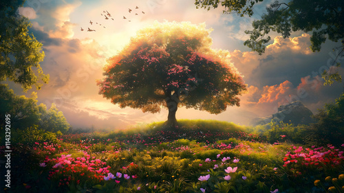 Beautiful tree in flowers with clouds and bueatiful garden and lights photo