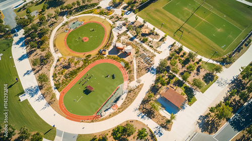 Aerial view of a sports complex featuring multiple fields and recreational areas.