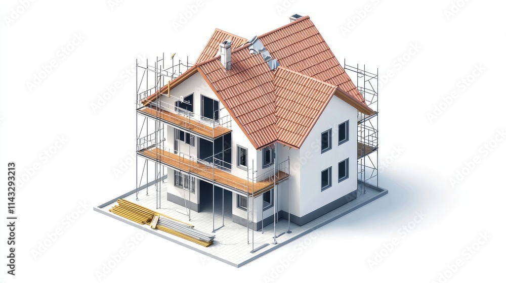A partially constructed house with scaffolding and wooden balconies. A partially constructed house with scaffolding and wooden balconies.