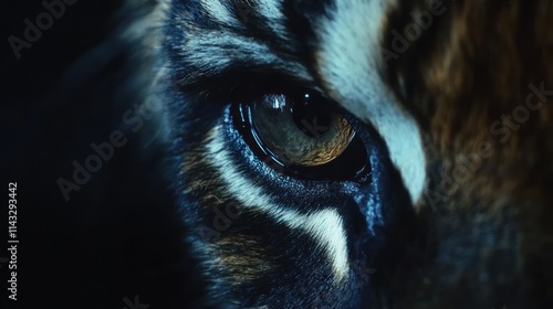 Close-up of a tiger's intense eye in low light.