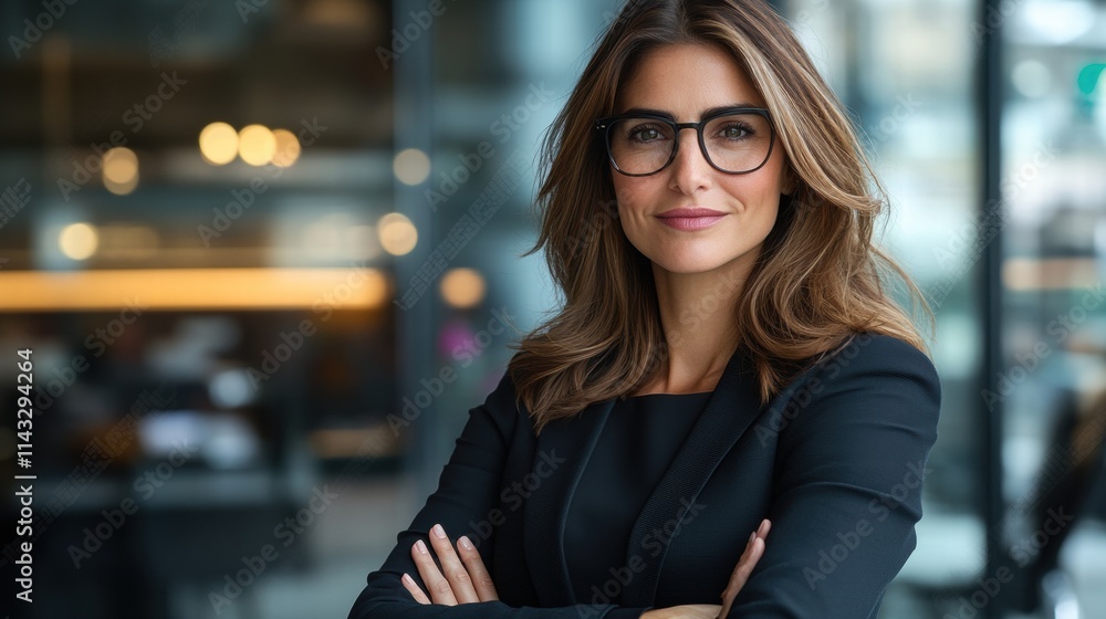 Confident Businesswoman with Glasses in Modern Office Environment Confident Businesswoman with Glasses in Modern Office Environment
