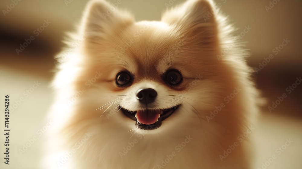 Fototapeta premium Fluffy Pomeranian Dog Radiating Joy with Its Enchanting Smile and Shiny Big Eyes for Pet Lovers : Generative AI