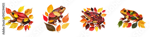 Colorful toads made from autumn leaves, vibrant and creative display, isolated on transparent background. photo