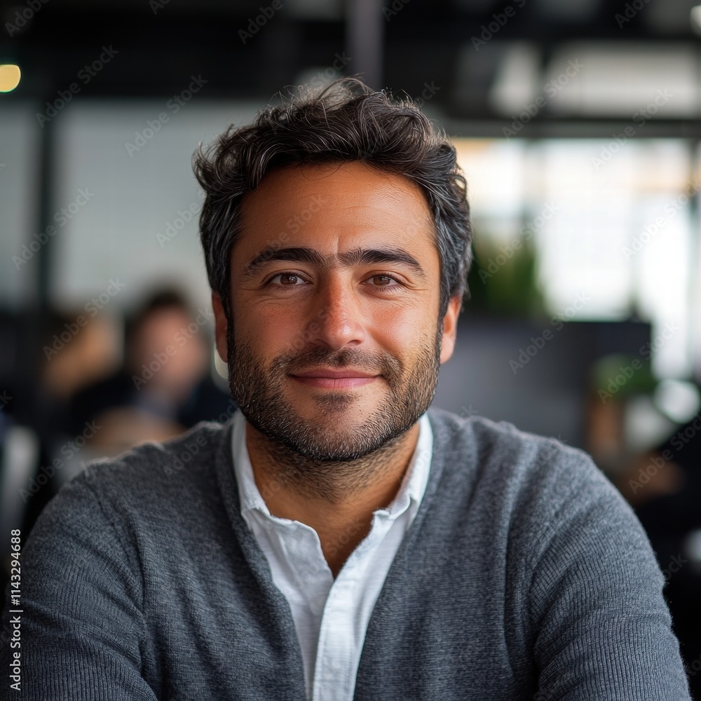 Confident professional man smiling in modern office environment Confident professional man smiling in modern office environment
