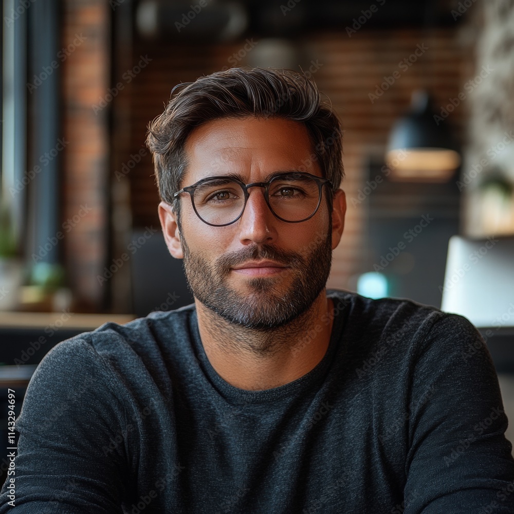 Thoughtful man in modern cafe wearing glasses and sweater Thoughtful man in modern cafe wearing glasses and sweater