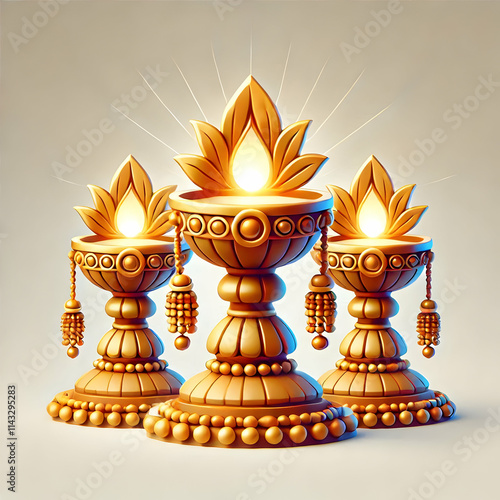 3D Pongal Lamp Vector concept as Clean vector of traditional Pongal lamps (kuthu vilakku) glowing warmly symbolizing light and prosperity ideal for infographic icons and symbols. as 3D Icon isolated w photo