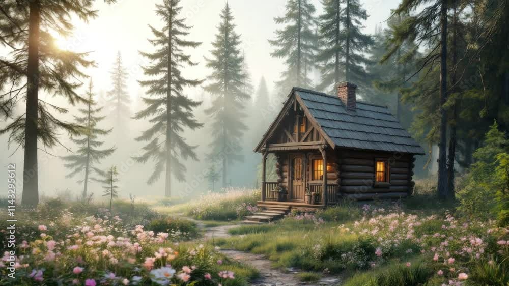 Small cabin in a dense forest clearing, perfect for nature escapes or outdoor adventure themes. Small cabin in a dense forest clearing, perfect for nature escapes or outdoor adventure themes.