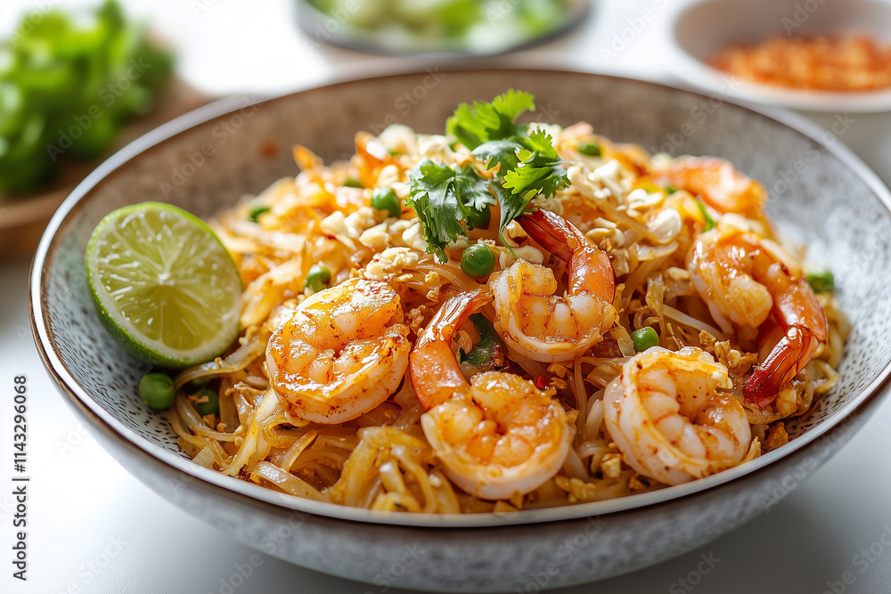 Plate of Pad Thai on white table, popular Thai dish with stir-fried noodles, shrimps, peanut, sprouts, and garnished with lime slices and fresh herbs. Plate of Pad Thai on white table, popular Thai dish with stir-fried noodles, shrimps, peanut, sprouts, and garnished with lime slices and fresh herbs.