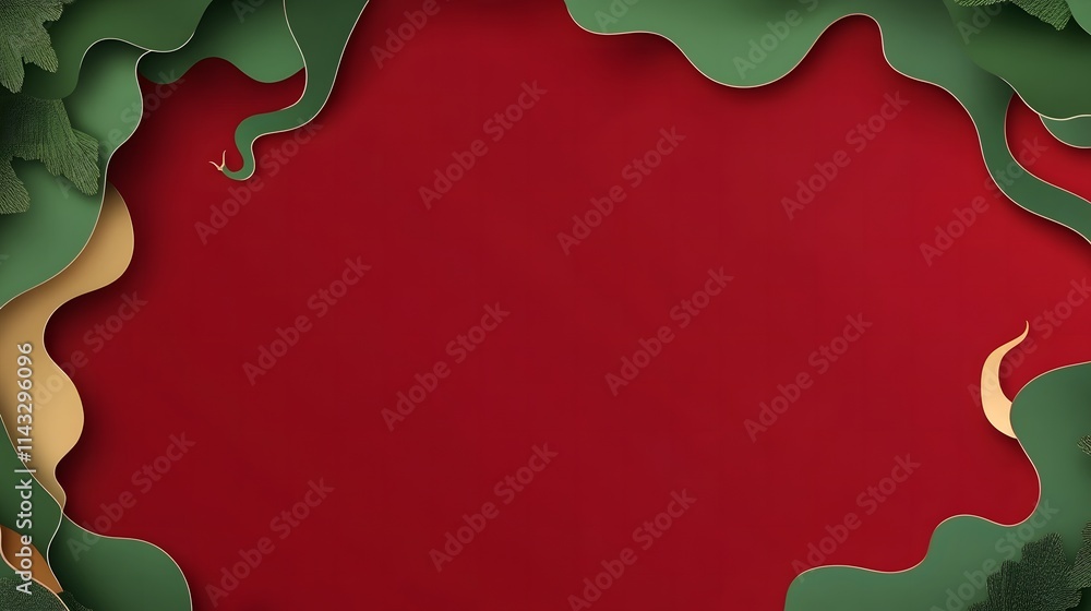 Elegant Red Background Surrounded by Green and Gold Paper Cut Shapes Ideal for Holiday Greetings, Celebrations, and Festive Designs with a Modern Touch Elegant Red Background Surrounded by Green and Gold Paper Cut Shapes Ideal for Holiday Greetings, Celebrations, and Festive Designs with a Modern Touch