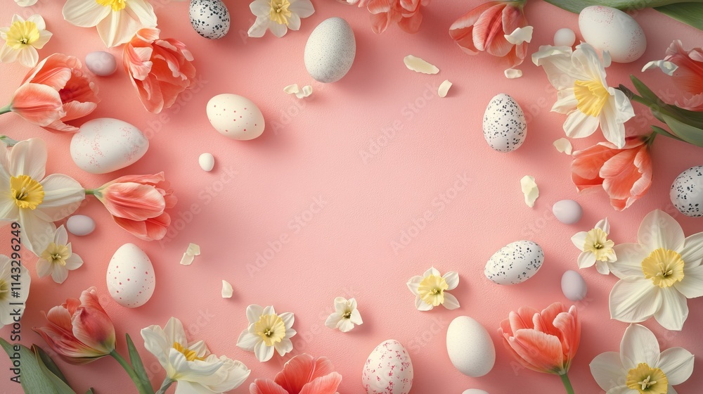 Pastel pink background with speckled eggs and spring flowers for a festive happy easter celebration Pastel pink background with speckled eggs and spring flowers for a festive happy easter celebration