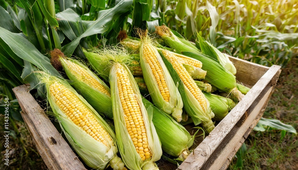 Fresh Corn Cobs with Green Husks Arranged in a Wooden Crate in a Farm Setting Fresh Corn Cobs with Green Husks Arranged in a Wooden Crate in a Farm Setting