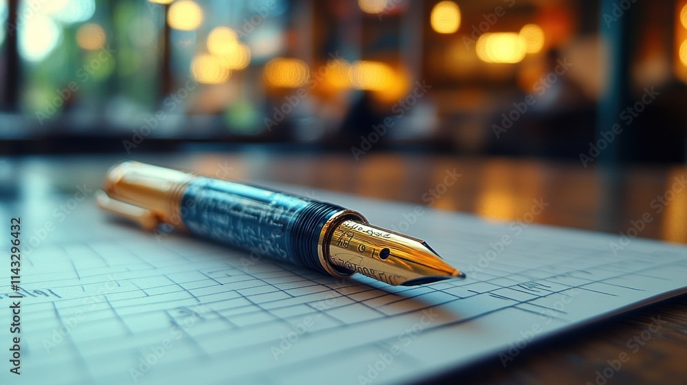 A close-up of a fountain pen resting on a sheet of paper in a cozy café setting. A close-up of a fountain pen resting on a sheet of paper in a cozy café setting.
