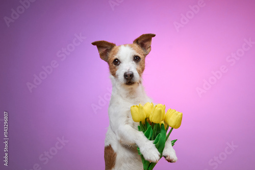 фотографія A Jack Russell Terrier calmly holds yellow tulips against a soft pink background
