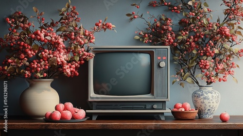 Vintage TV with autumnal decor. photo