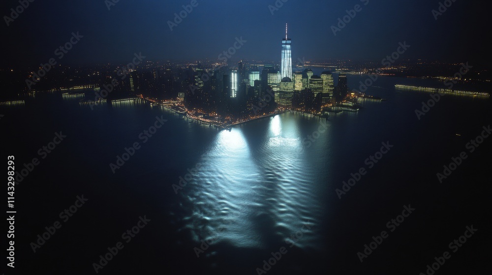 Nighttime Cityscape of Manhattan with Reflected Lights on Water Nighttime Cityscape of Manhattan with Reflected Lights on Water