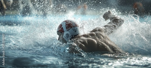 Water Polo Player in Dynamic Action: A display of athleticism, power, and focus as a water polo player swims through the pool, creating a splash with every stroke. photo