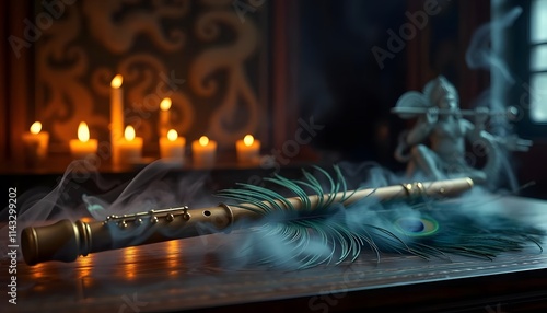 Flute and peacock feather side by side in the table generated by Ai photo