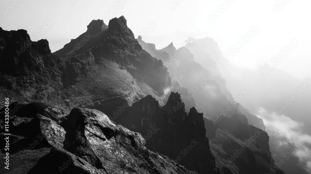 A dramatic black-and-white landscape of rugged mountains shrouded in mist.