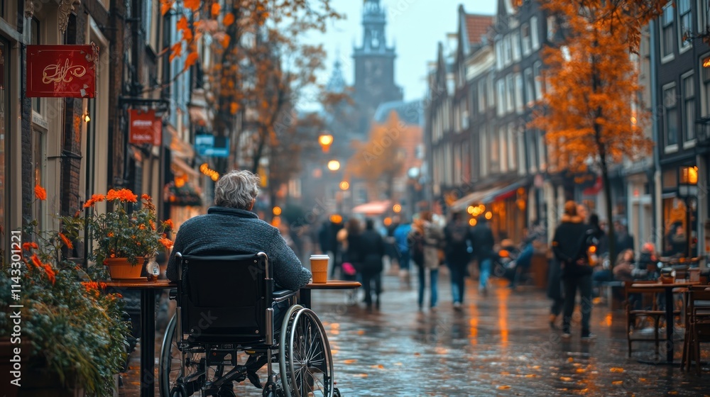 Obraz premium A serene street scene with autumn foliage, people walking, and a person in a wheelchair.
