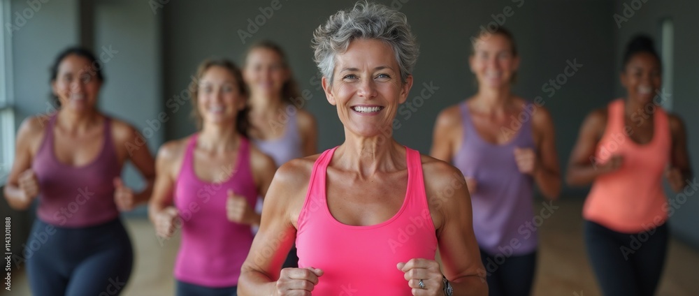 A cheerful and fit older woman leading an active lifestyle during a group fitness session with friends. Featuring smiles, energy, and camaraderie in a gym setting conveying health, happiness, and toge A cheerful and fit older woman leading an active lifestyle during a group fitness session with friends. Featuring smiles, energy, and camaraderie in a gym setting conveying health, happiness, and toge