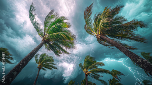 Dramatic view of palm trees swaying in tropical storm with lightning in sky