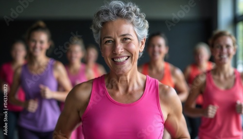 A cheerful and fit older woman leading an active lifestyle during a group fitness session with friends. Featuring smiles, energy, and camaraderie in a gym setting conveying health, happiness, and toge photo