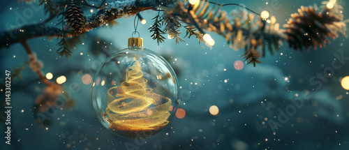 Clear Glass Ornament with Golden Tree Hanging on Snowy Branch