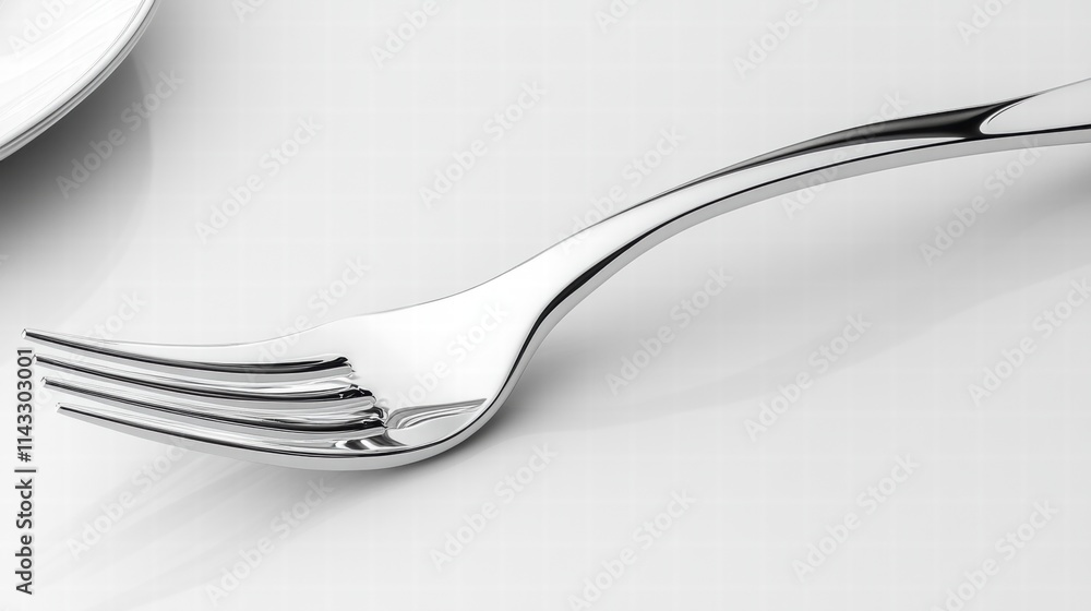 Elegant Silver Fork on Clean Surface with White Plate Background Elegant Silver Fork on Clean Surface with White Plate Background