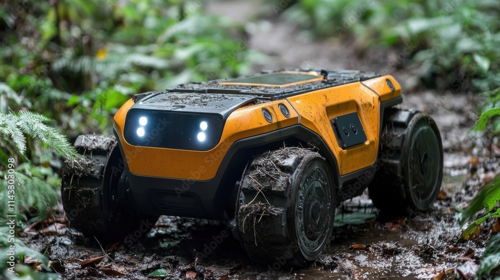 Fototapeta premium Rugged Yellow All-Terrain Robot in Lush Forest