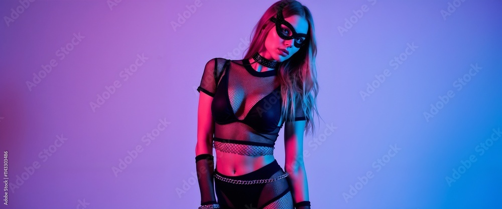 Artistic portrait showcasing a stylish woman in a striking black outfit, accentuated by vibrant blue and pink lighting gradients, creating a modern fashion and elegant visual composition.
Artistic portrait showcasing a stylish woman in a striking black outfit, accentuated by vibrant blue and pink lighting gradients, creating a modern fashion and elegant visual composition.