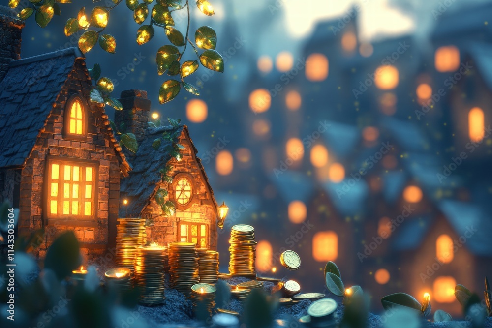 Magical House with Coins and Glowing Lights at Dusk Magical House with Coins and Glowing Lights at Dusk