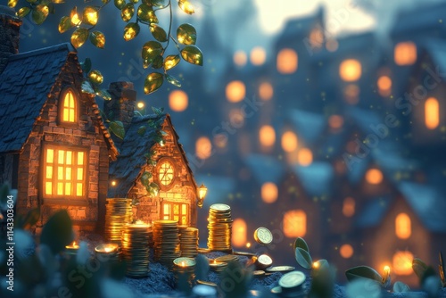 Magical House with Coins and Glowing Lights at Dusk