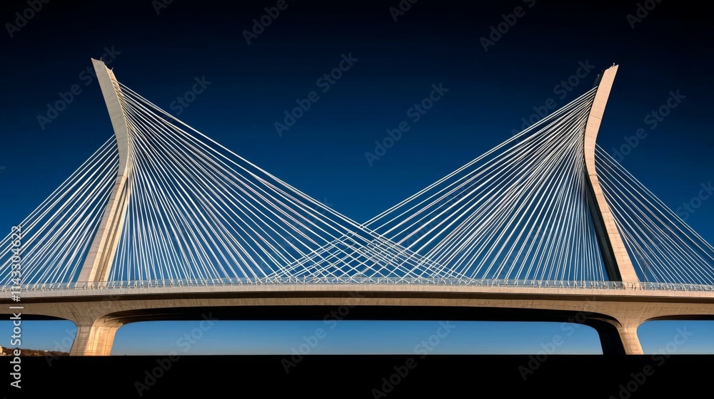 Obraz premium Modern cable-stayed bridge showcasing intricate design against a clear blue sky during late afternoon