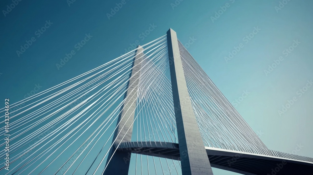 Modern suspension bridge stretching skyward with cables and towers in a clear, blue sky Modern suspension bridge stretching skyward with cables and towers in a clear, blue sky