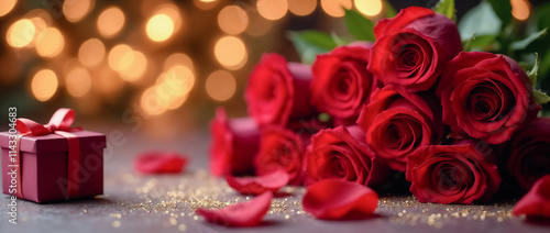 Red roses paired with a wrapped gift elegantly displayed among scattered rose petals. Romantic atmosphere enhanced by warm bokeh golden lights in the background, ideal symbolizing love, celebration.