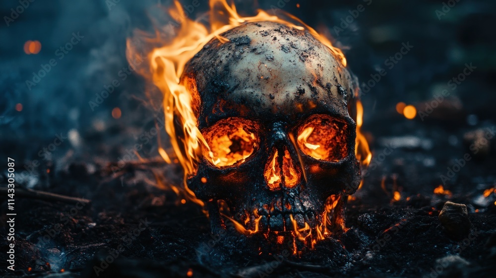 A flaming skull surrounded by charred earth, evoking themes of destruction and mortality. A flaming skull surrounded by charred earth, evoking themes of destruction and mortality.