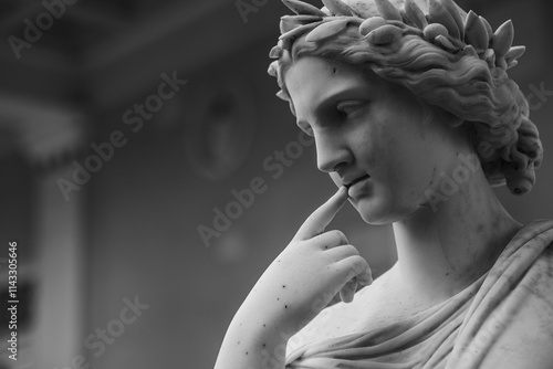 An antique statue made of white stone with a layer of old dirt stands among trees in a garden