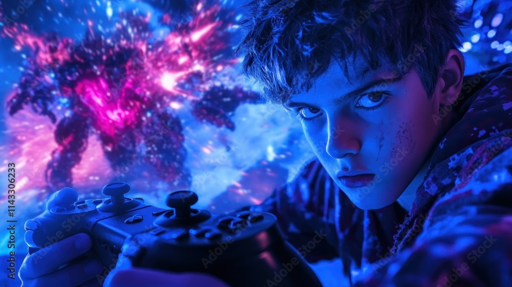 A focused gamer holds a controller, immersed in a vibrant, cosmic gaming scene. A focused gamer holds a controller, immersed in a vibrant, cosmic gaming scene.